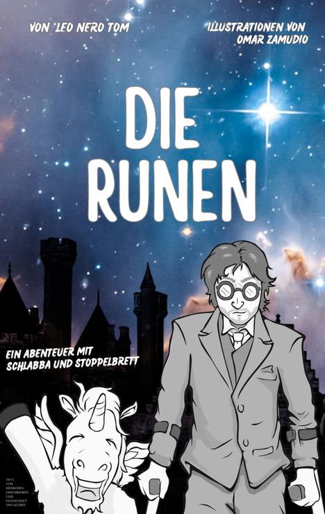 "Die Runen" steht in großen Buchstaben. Illustration: Mann im Anzug mit Brille neben einem fröhlichen Einhorn. Sternenhimmel.