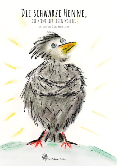 "Die schwarze Henne, die keine Eier legen wollte." Illustration einer schwarzen Henne mit gelbem Schnabel.