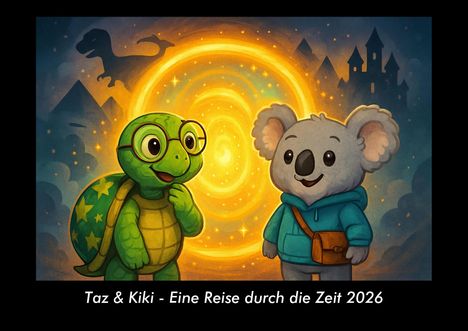 "Taz & Kiki - Eine Reise durch die Zeit 2026" steht unten. Zwei animierte Figuren: eine Schildkröte mit Brille und ein Koala vor einem leuchtenden Portal.