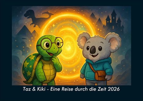 "Taz & Kiki - Eine Reise durch die Zeit 2026." Eine Schildkröte mit Brille und ein Koala vor einem leuchtenden Portal.