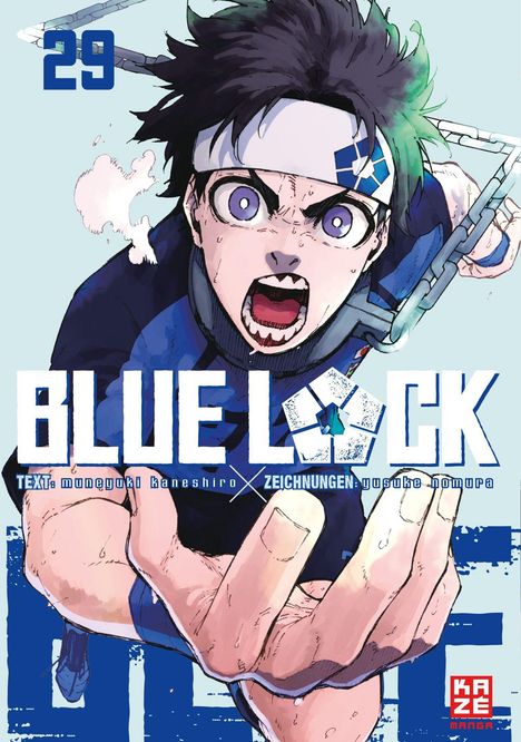 „29 BLUE LOCK“ Illustration mit entschlossenem, schreiendem Charakter in Sportkleidung. Dynamische Pose und intensiver Ausdruck.