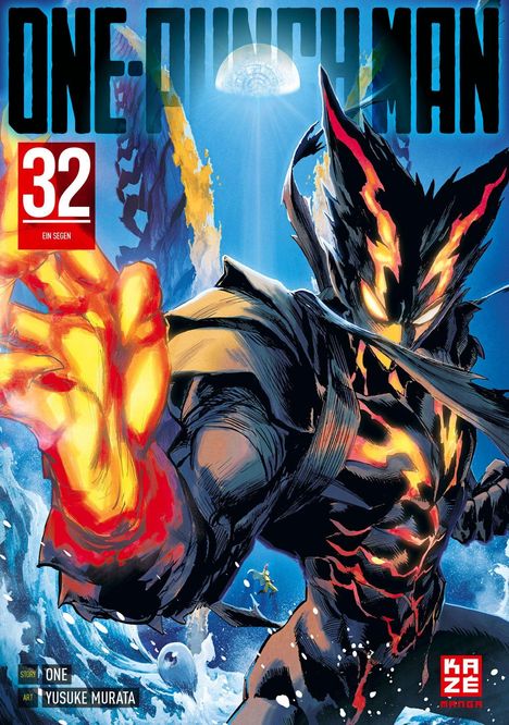 "One Punch Man 32, Ein Segen, Story: ONE, Art: Yusuke Murata" zeigt einen muskulösen Charakter mit glühender Hand.