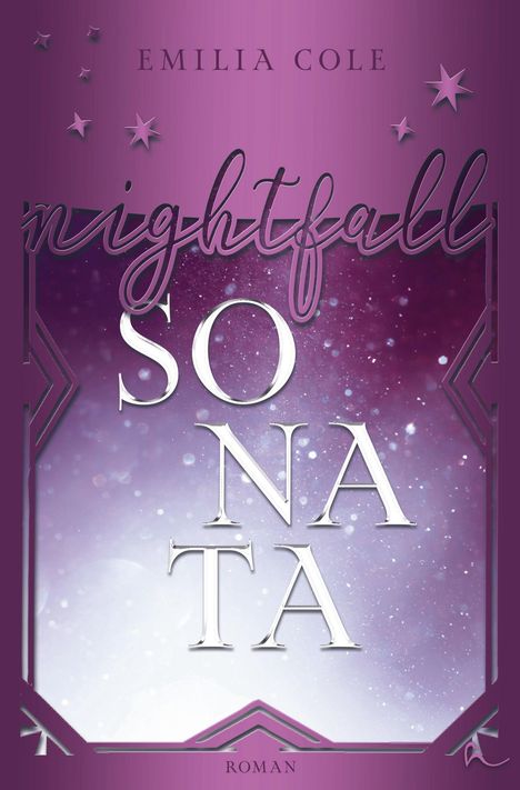 „EMILIA COLE“, „nightfall SONATA“, „ROMAN“. Lila Hintergrund mit funkelnden Sternenhimmel und verschnörkelten Details.