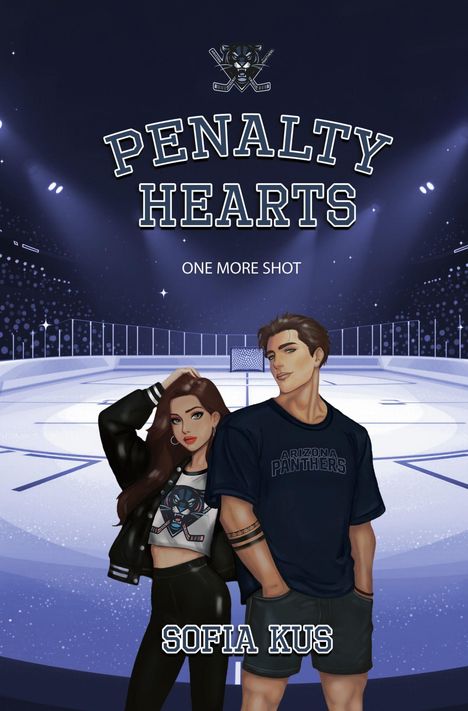 „Penalty Hearts: One More Shot“ von Sofia Kus. Zwei junge Erwachsene vor einem Eishockeyfeld, Logo oben.