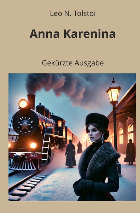 Text: Leo N. Tolstoi, Anna Karenina, Gekürzte Ausgabe. Illustration: Frau in eleganter Winterkleidung vor einem Zug.