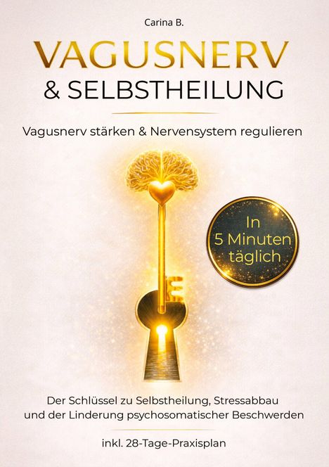 "Vagusnerv & Selbstheilung." "In 5 Minuten täglich." Illustration: Gehirn, Herz und Schlüssel in goldenem Licht.