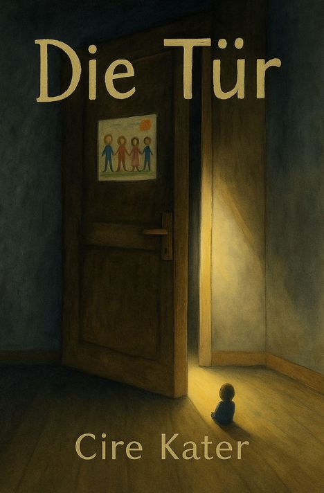 Text: "Die Tür" und "Cire Kater". Illustration einer geöffneten Tür mit Lichtstrahl und Kind im Schatten sitzend.