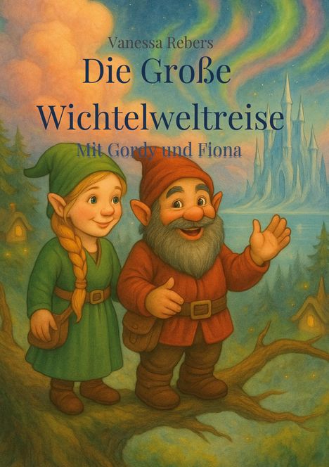 "Vanessa Rebers: Die Große Wichtelweltreise. Mit Gordy und Fiona." Zwei fröhliche Wichtel, ein Schloss im Hintergrund.
