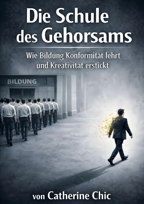 „Die Schule des Gehorsams: Wie Bildung Konformität lehrt und Kreativität erstickt.“ Ein Mann verlässt farbenfroh eine graue Reihe.