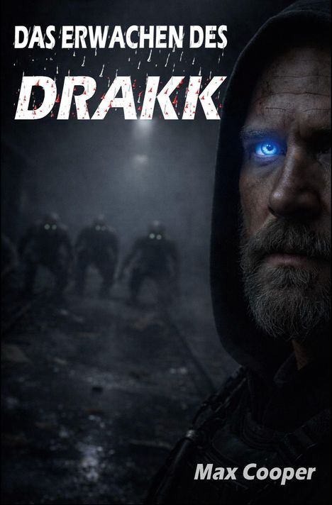 „Das Erwachen des Drakk“ und „Max Cooper“ stehen in großer Schrift. Ein bärtiger Mann mit leuchtendem blauem Auge, dahinter Dunkelheit und Wesen mit leuchtenden Augen.
