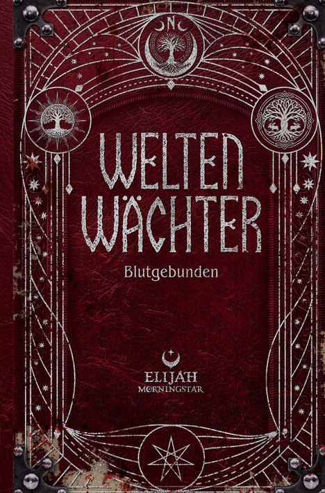 "Welten Wächter: Blutgebunden" steht in großen, stilvollen Buchstaben auf einem roten Hintergrund mit dekorativen Mustern.