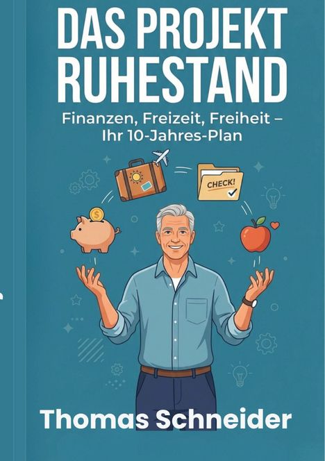 "Das Projekt Ruhestand: Finanzen, Freizeit, Freiheit – Ihr 10-Jahres-Plan" von Thomas Schneider. Illustration mit Mann.