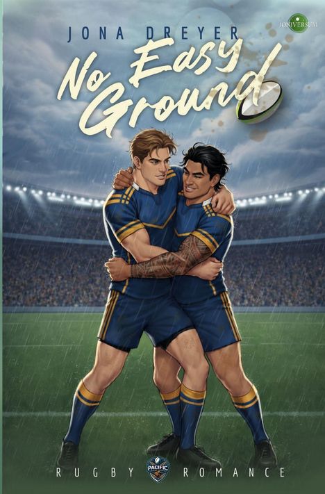 Oben steht "Jona Dreyer No Easy Ground". Zwei Rugby-Spieler umarmen sich im Regen auf einem Spielfeld.