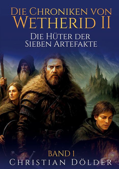 Titel: "Die Chroniken von Wetherid II - Die Hüter der Sieben Artefakte, Band 1, Christian Dolder." Illustration: Vier Menschen in mittelalterlicher Kleidung.