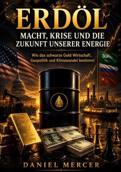Titel: "ERDÖL - MACHT, KRISE UND DIE ZUKUNFT UNSERER ENERGIE". Bild: Ölfass, US-Kapitol, Goldbarren, Banknoten. Autor: Daniel Mercer.