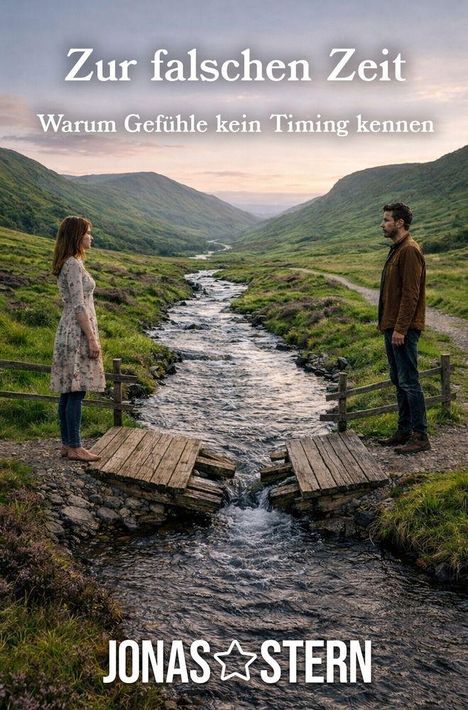 "Zur falschen Zeit. Warum Gefühle kein Timing kennen. JONAS STERN." Eine Frau und ein Mann stehen an einem Bach.