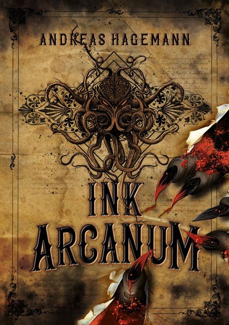 Oben steht "ANDREAS HAGEMANN", darunter "INK ARCANUM". Eine Illustration zeigt einen verzweigten, mystischen Oktopus.