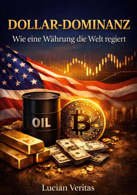 "Dollar-Dominanz: Wie eine Währung die Welt regiert." Amerikanische Flagge, Ölfass, Bitcoin, Goldbarren, Geldbündel.