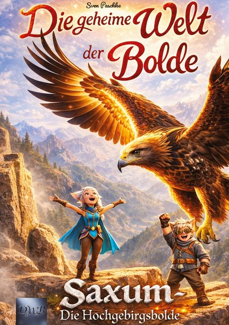 Text: "Die geheime Welt der Bolde", "Saxum – Die Hochgebirgsbolde". Illustration zweier fröhlicher Figuren und ein majestätischer Adler.