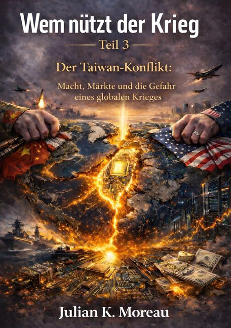 Titel "Wem nützt der Krieg - Teil 3". Taiwan, brennende Welt, Hände mit Flaggen, Kampfjets und Schiffe, Elektronik und Geld.