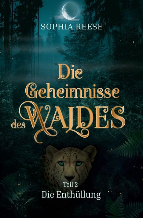 "Die Geheimnisse des Waldes. Teil 2 Die Enthüllung." Im Wald, Mond über einem Geparden. Mystische Atmosphäre.