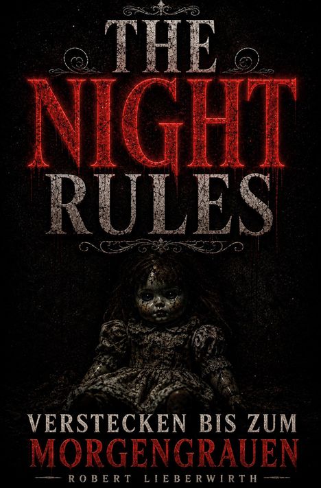 „The Night Rules“ und „Verstecken bis zum Morgengrauen“ in roter Schrift. Dunkle Puppe mit unheimlichem Ausdruck.