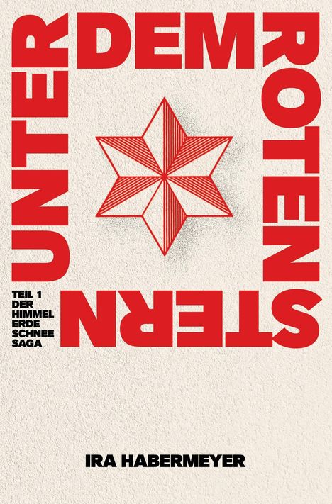 "UNTER DEM ROTEN STERN" in großen roten Buchstaben, "TEIL 1 DER HIMMEL ERDE SCHNEE SAGA" und "IRA HABERMEYER". Sternmotiv.