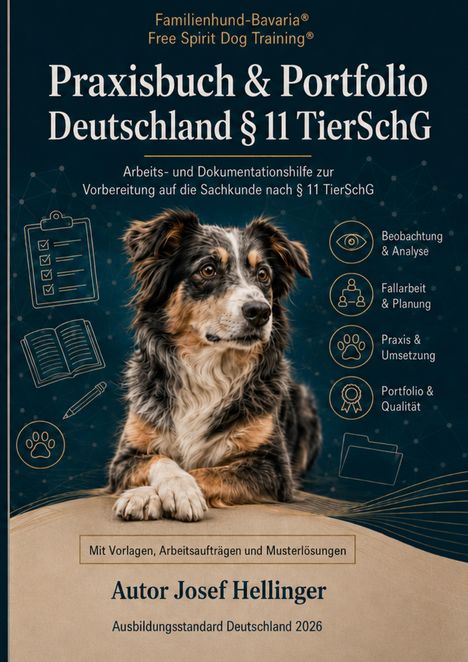 Text über einem Hund: „Praxisbuch & Portfolio Deutschland § 11 TierSchG“; Symbole wie Notizblock, Auge, Pfote.