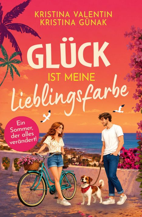 „Glück ist meine Lieblingsfarbe.” „Ein Sommer, der alles verändert!” Frau mit Fahrrad, Mann und Hund an Küste.