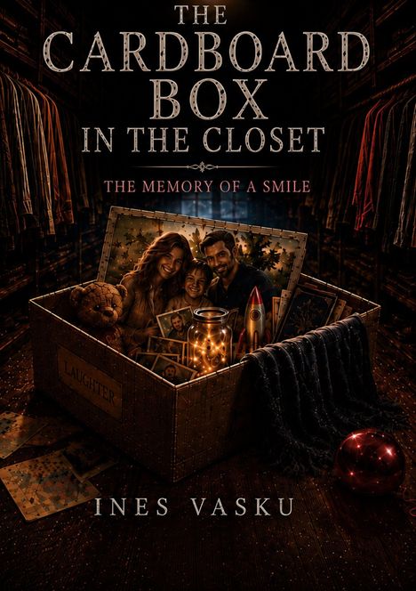 Text: "The Cardboard Box in the Closet: The Memory of a Smile" von Ines Vasku.  
Eine Kiste mit Fotos und Erinnerungsstücken in einem Schrank.