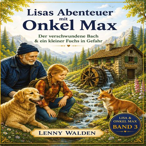 "Lisas Abenteuer mit Onkel Max: Der verschwundene Bach & ein kleiner Fuchs in Gefahr. Lenny Walden. Cover: Mädchen, Mann, Hund, Fuchs."