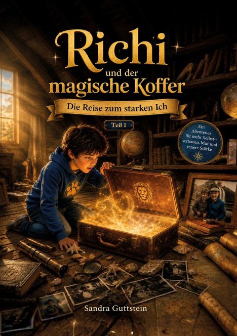 "Richi und der magische Koffer. Die Reise zum starken Ich. Teil 1." Junge kniet vor leuchtendem Koffer; Karten und Fotos um ihn.