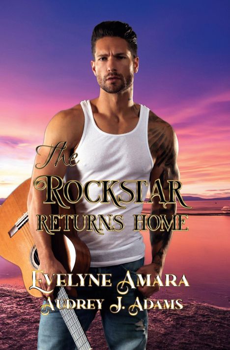 "The Rockstar Returns Home" steht über einem Mann mit Gitarre, im weißen Top vor farbigem Sonnenuntergang.