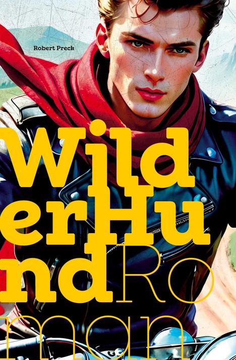 Text: "Wilder Hund Roman" und "Robert Preck". Illustration: Ein Mann in Lederjacke und rotem Schal, im Hintergrund Berge.