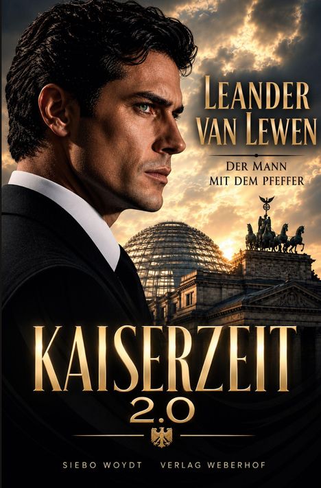 "LEANDER VAN LEWEN", "Der Mann mit dem Pfeffer", "KAISERZEIT 2.0", "Siebo Woydt", "Verlag Weberhof".<br>
Profil eines Mannes und Reichstagsgebäude.