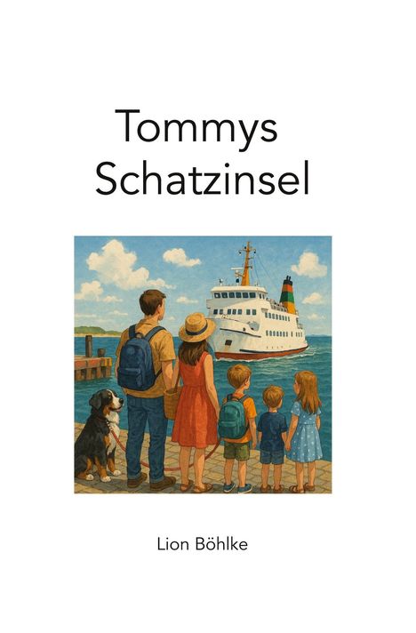"Tommys Schatzinsel" und "Lion Böhlke". Bild: Eine Familie mit Hund blickt auf ein Schiff im Hafen.