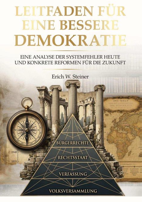 Titel: Leitfaden für eine bessere Demokratie. Kompass, antike Säulen, Pyramide mit Bürgerrechten und Weltkarte.