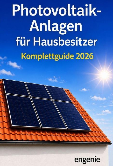Text: "Photovoltaik-Anlagen für Hausbesitzer Komplettguide 2026." Ein Dach mit Solarpanels unter blauem Himmel. Logo unten.
