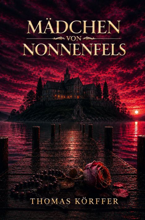 Text: "MÄDCHEN VON NONNENFELS" und "THOMAS KÖRFFER". 

Beschreibung: Ein düsteres Schloss auf einem Hügel bei Sonnenuntergang. Ein Pier führt dahin; eine Rose und ein Rosenkranz darauf.