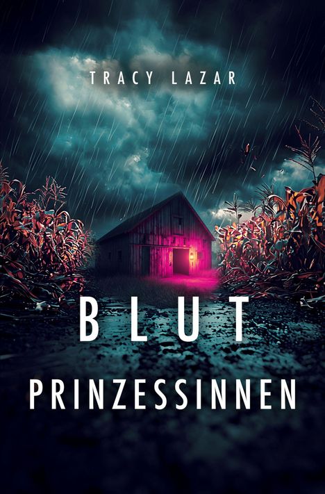 Text: "TRACY LAZAR" und "BLUTPRINZESSINNEN". Eine Scheune mit rosa Licht umgeben von Regen und Maisfeld. Dramatische Stimmung.