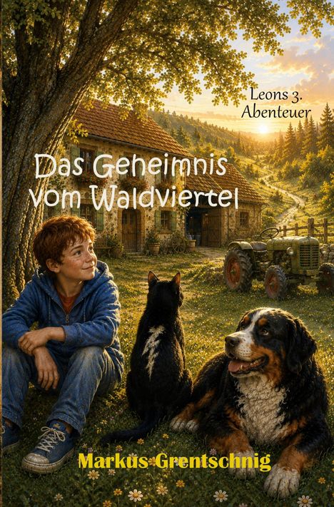 „Das Geheimnis vom Waldviertel“, „Leons 3. Abenteuer“. Ein Junge, eine Katze und ein Hund sitzen vor einem Bauernhaus.