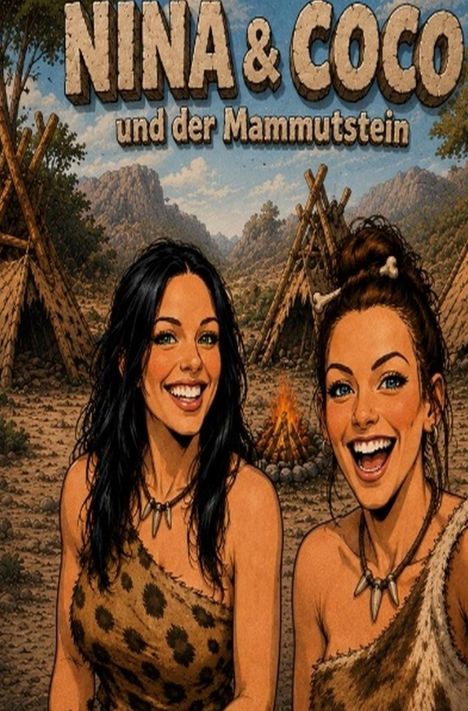 Titel: "NINA & COCO und der Mammutstein". Zwei lächelnde Frauen in Fellkleidung vor Lagerfeuer und Tipis.