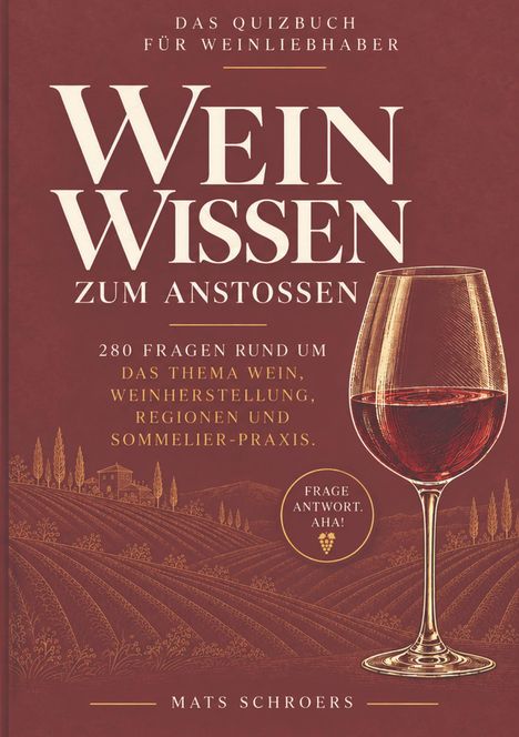 Buchtitel: "Wein Wissen zum Anstoßen". Illustration eines Weinglases vor einer Landschaft mit Weinbergen.