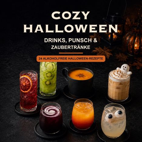 "Cozy Halloween: Drinks, Punsch & Zaubertränke. 24 alkoholfreie Halloween-Rezepte." Sechs dekorative Getränke.