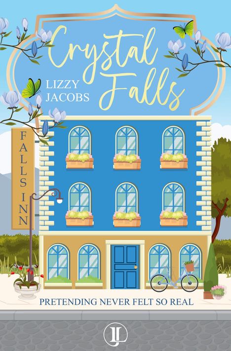 Schriftzug „Crystal Falls“. Darunter „Lizzy Jacobs“. Ein blaues Gebäude mit Blumen im Fenster, Himmel, Bäume, Fahrrad.