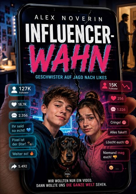 „Alex Noverin – Influencer-Wahn: Geschwister auf Jagd nach Likes.“ Zwei Jugendliche und ein Hund auf einem Handybildschirm.