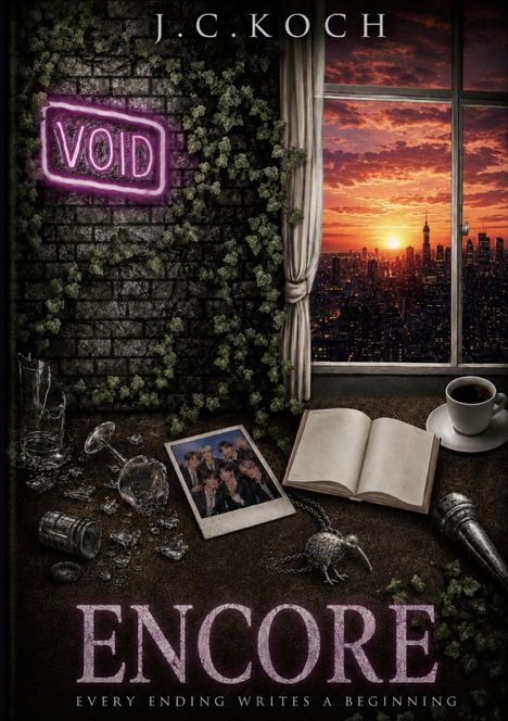 Text: „VOID“, „J.C. KOCH“, „ENCORE“, „Every ending writes a beginning“. Skyline im Sonnenuntergang, offenes Buch, Kaffeetasse.