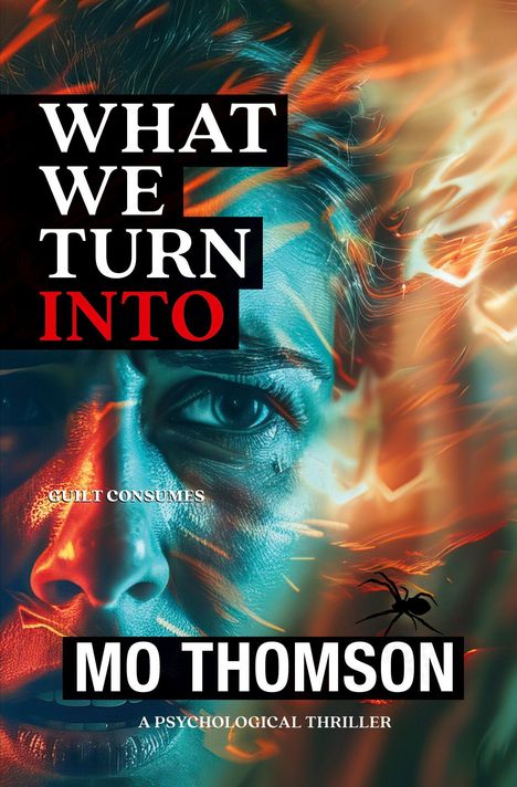 "What We Turn Into" in großen Lettern, darunter "Guilt Consumes" und "Mo Thomson". Ein Auge, umrahmt von Feuer.