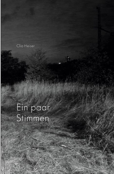"Clio Heiser. Ein paar Stimmen." Ein schmaler Weg führt durch grasbewachsene Landschaft unter einem dunklen Himmel.
