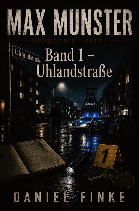 „Max Munster: Ruhrgebiet-Krimi, Band 1 – Uhlandstraße, Daniel Finke“. Nachtstraße mit Polizeiauto im Regen, Notizbuch.